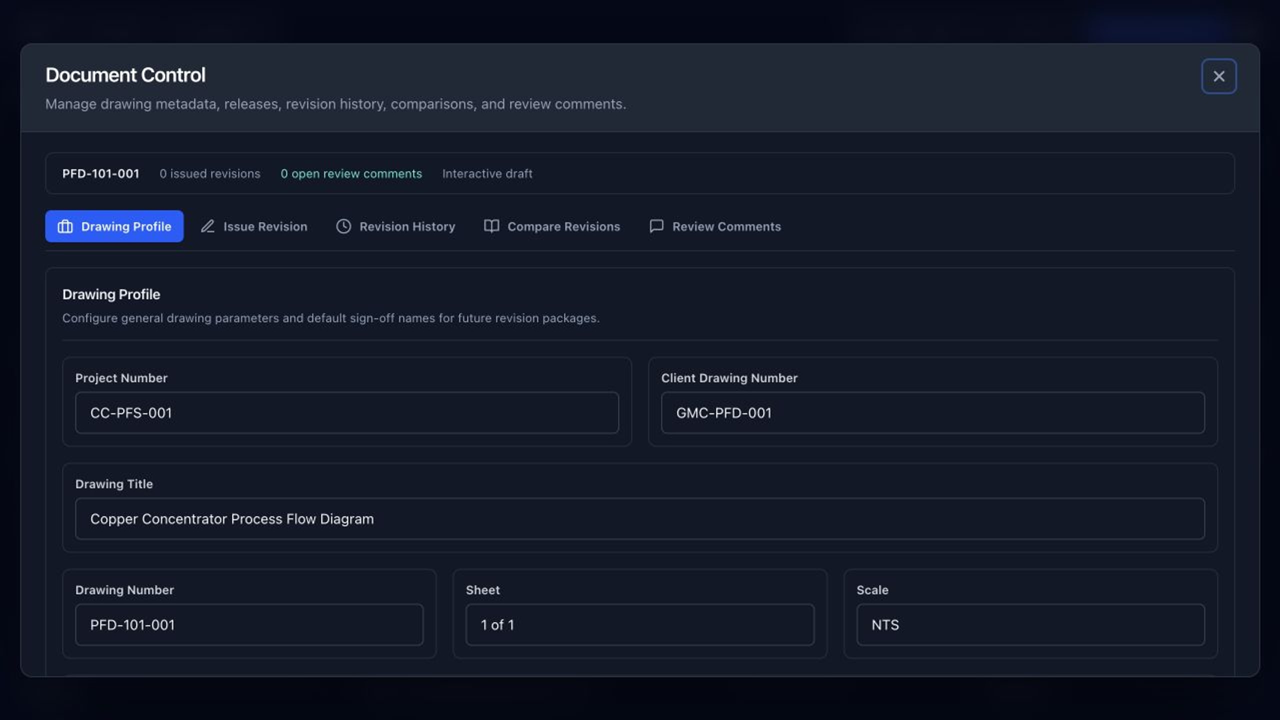 Flowify document control workspace with drawing metadata, revision history, comparisons, and review comments